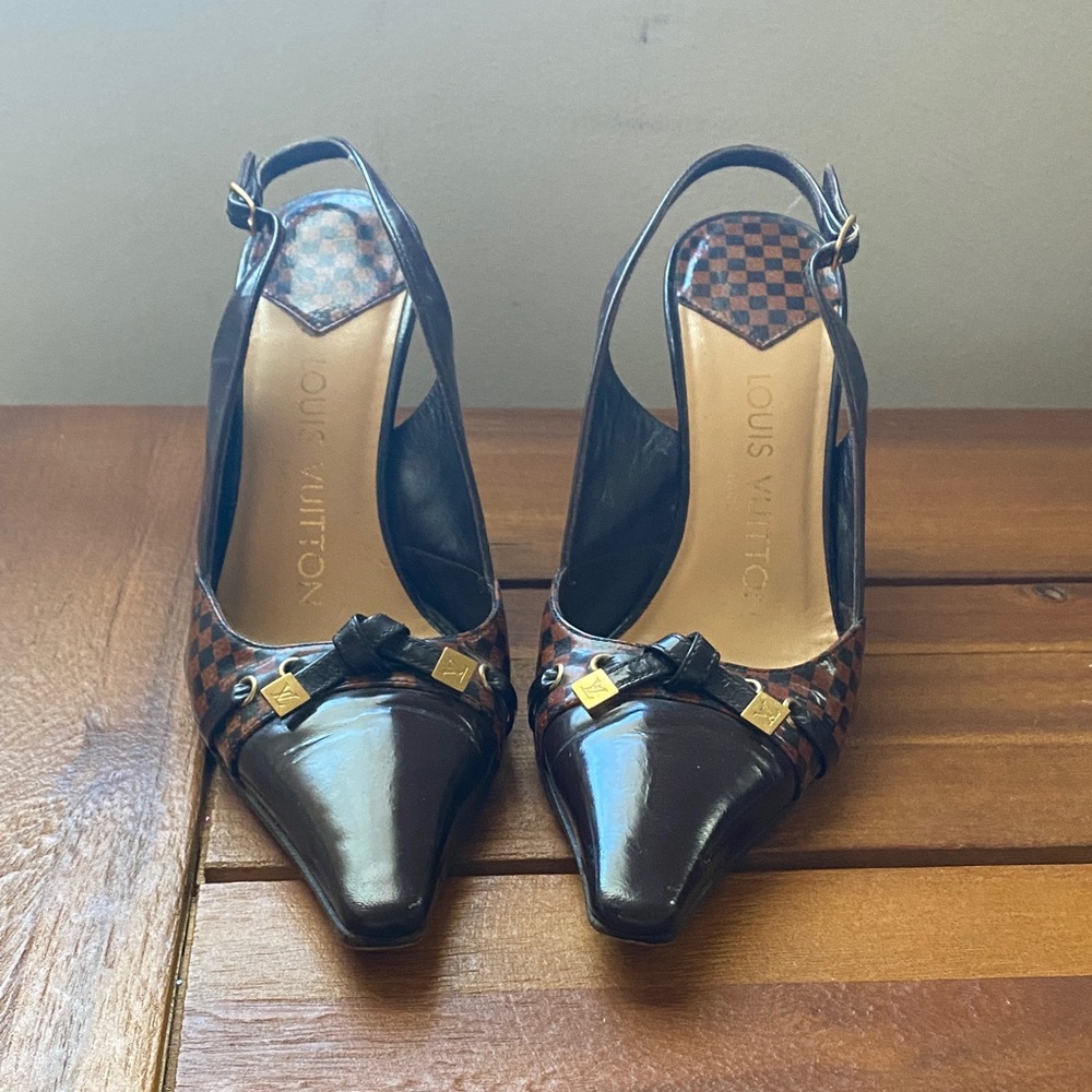 Louis Vuitton Dark Brown Check Pointed Slingback Pumps